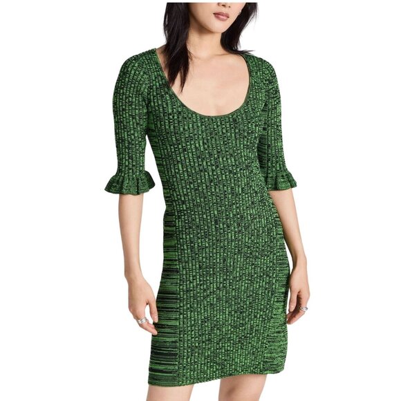 GANNI Kelly Green Ribbed Knit Scoop Neck Ruffle Sleeve Mini Dress - Size L - Picture 1 of 8